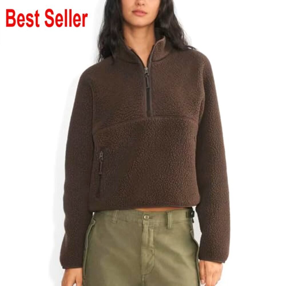 Cropped Half-Zip Sherpa Fleece Pullover with Pockets, Women's Oversized Hoodie - Picture 2 of 7